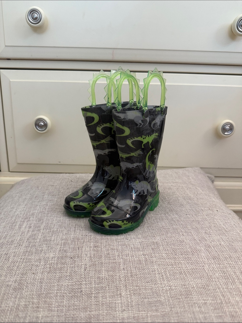 Western Chief Black & Green Dinosaur Kids Rain Boots with Spiked Handles